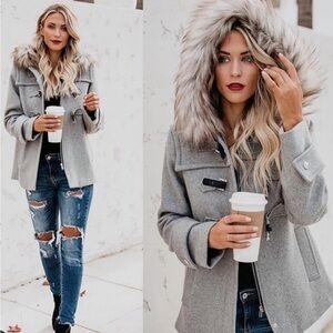 Posh Republic Faux Fur Hooded Pocketed Pea Coat